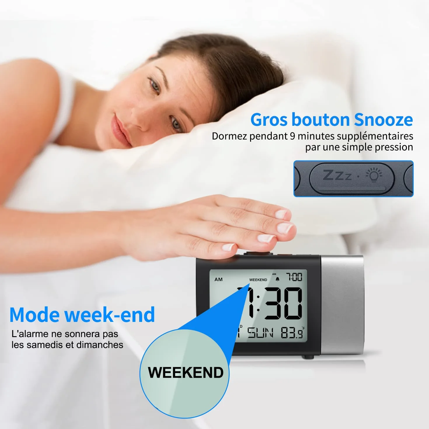 Horloge à Projection numérique LCD avec température, date, 12/24H, réveil de bureau réglable (Rouge)
