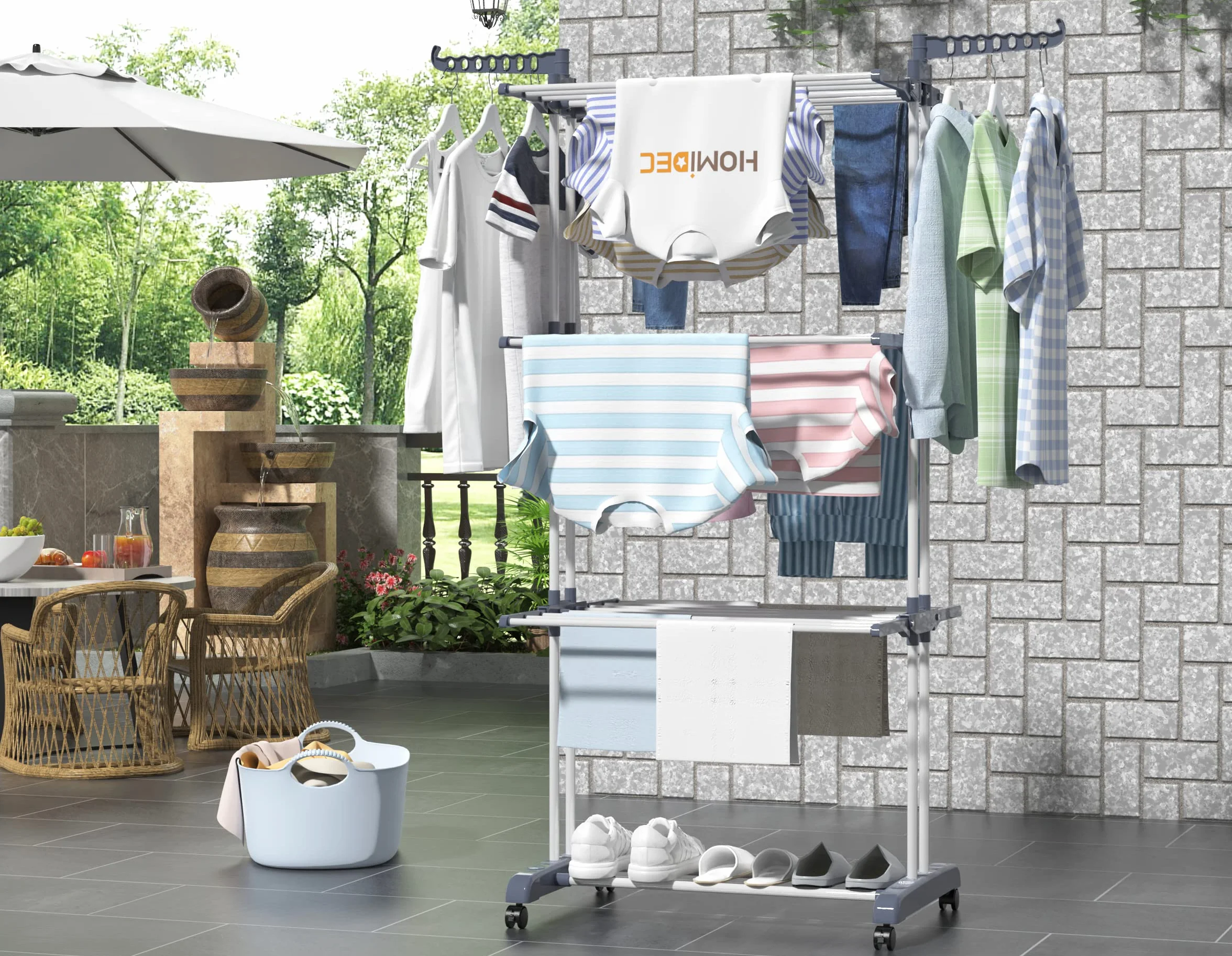 HOMIDEC Etendoir Linge Pliable 4 Niveaux Acier Inoxydable avec Roues Gris
