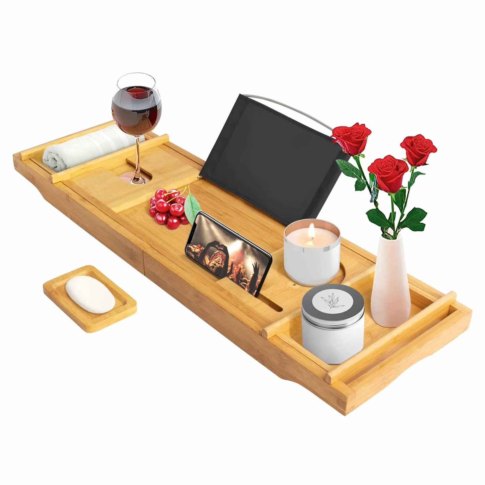 Todeco Pont de Baignoire Extensible Bambou, Plateau Planche avec Porte-Livre, Porte-Verre, Porte-Bougie et Support pour Téléphone, Noir