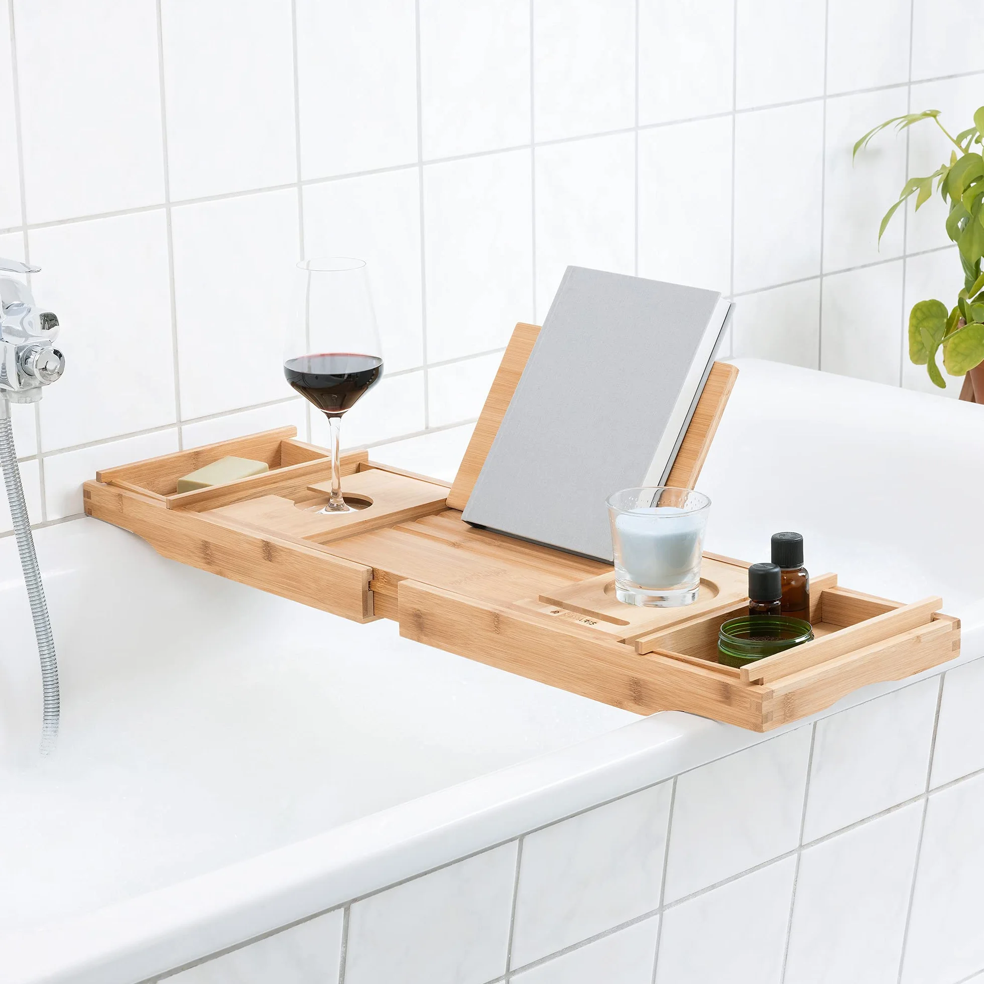 Navaris Pont de Baignoire Extensible Bambou Plateau de Bain Pied Pliable Support Tablette Livre Téléphone Verre