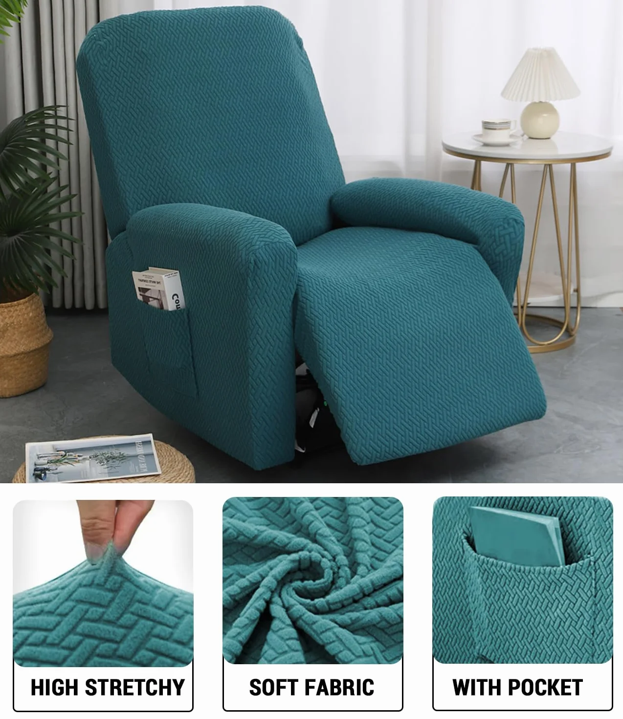 Housse de Fauteuil Relax Inclinable Électrique, Jacquard Vert Foncé, Élastique Extensible 4 Pièces