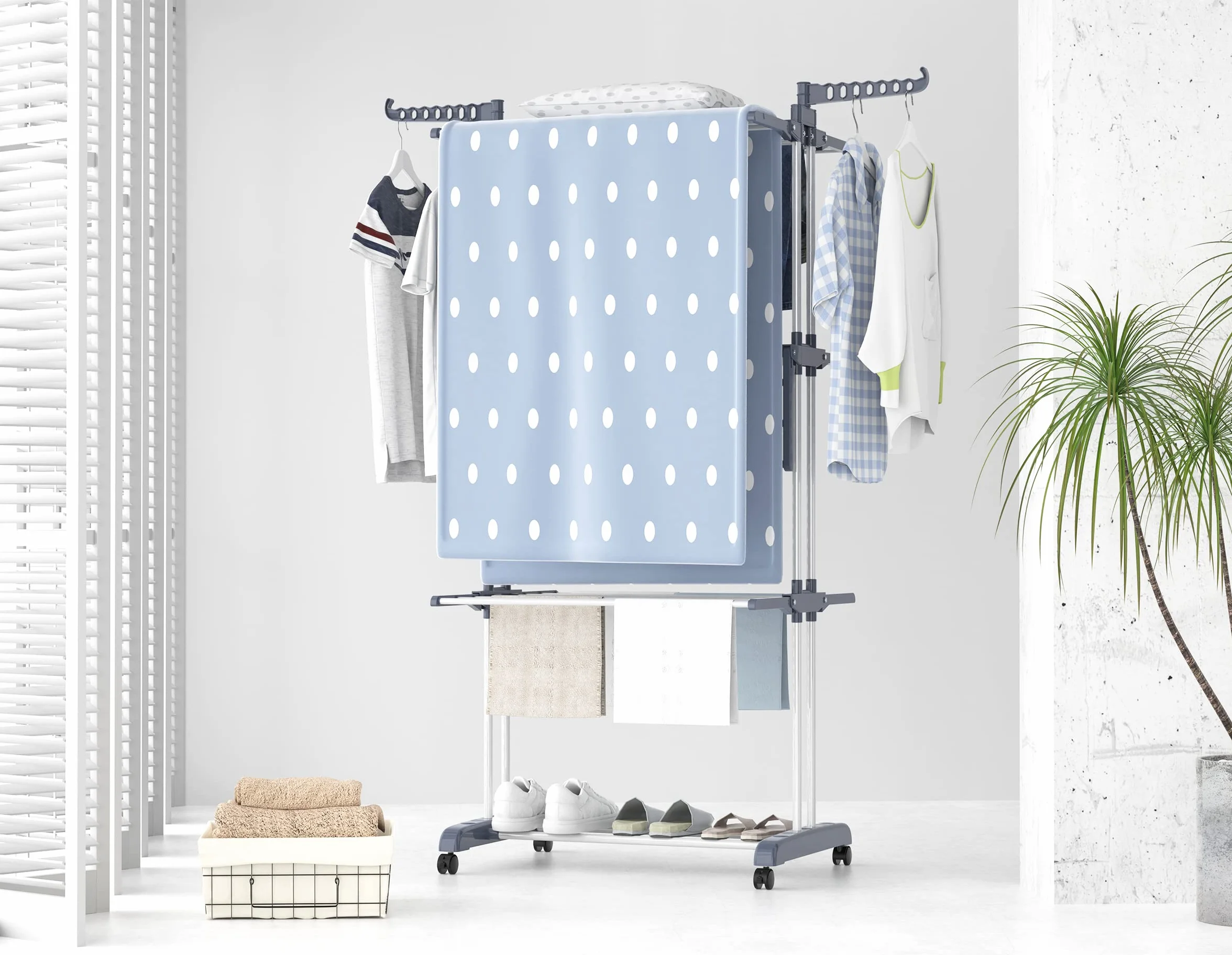 HOMIDEC Etendoir Linge Pliable 4 Niveaux Acier Inoxydable avec Roues Gris
