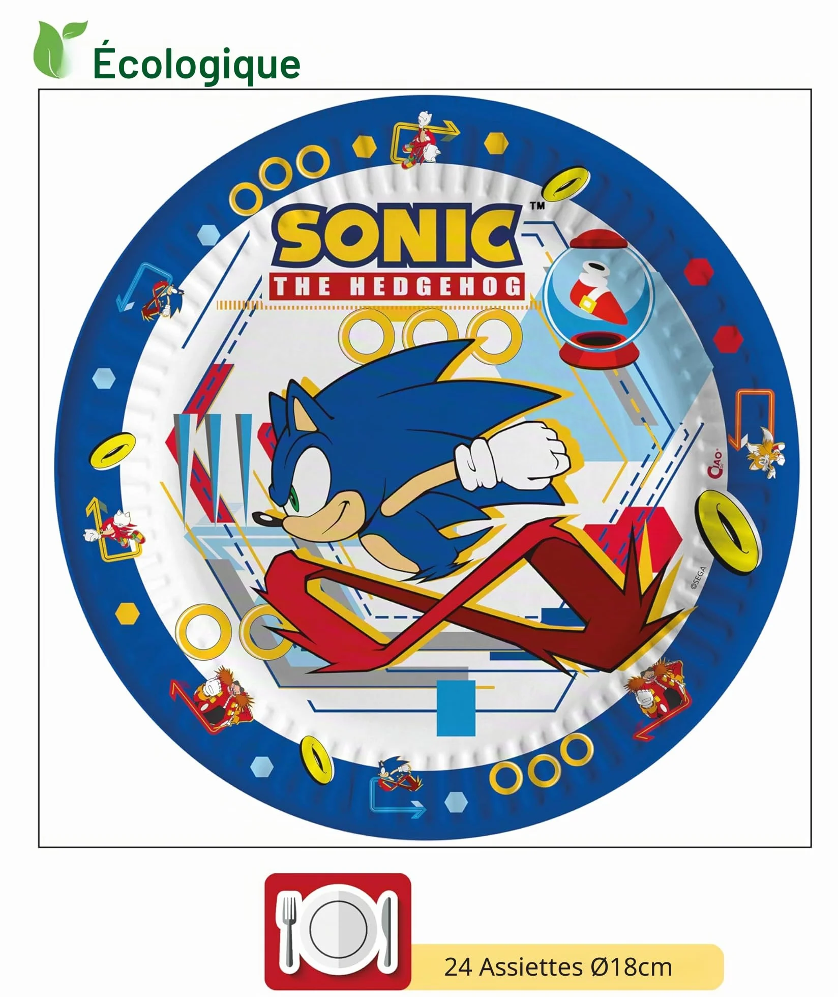 Sonic the Hedgehog Party-Set für 24 Personen 112-teilig Pappteller Becher Servietten kompostierbares Papier