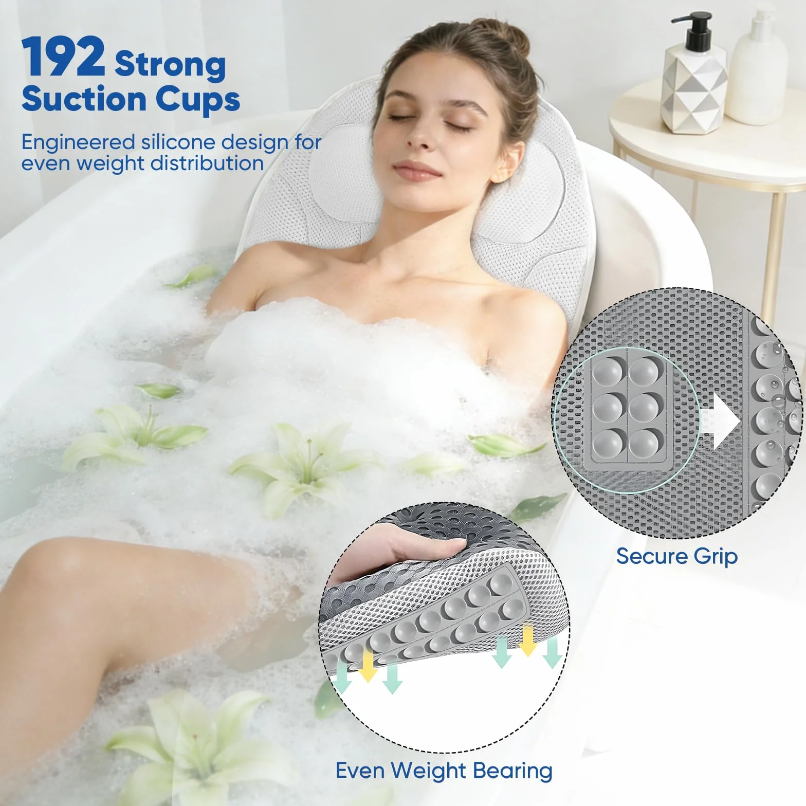 Coussin de bain complet avec repose-nuque et sac de rangement, tapis de bain 5D respirant, blanc