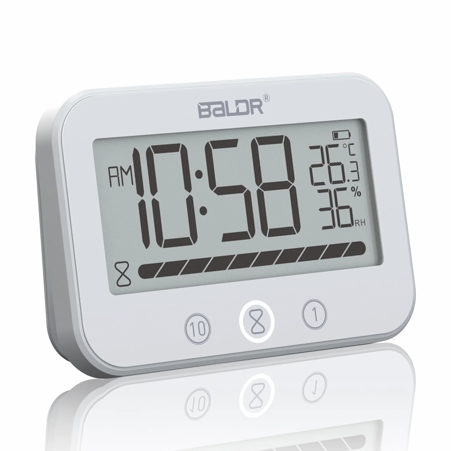 Horloge de salle de bain numérique étanche IP54 avec température, humidité, compte à rebours 99 min et alarme