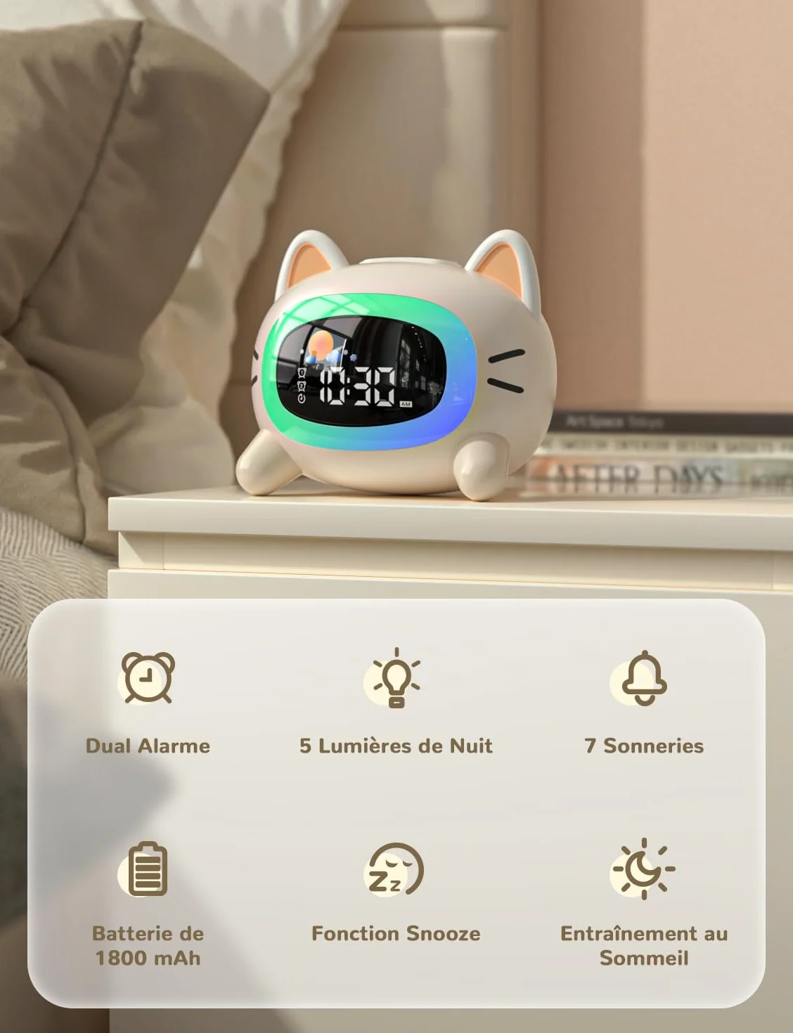 LIORQUE Réveil Enfant Éducatif Jour/Nuit avec Veilleuse, Machine Sonore, Deux Alarmes, Mode Week-End, Rechargeable Chat