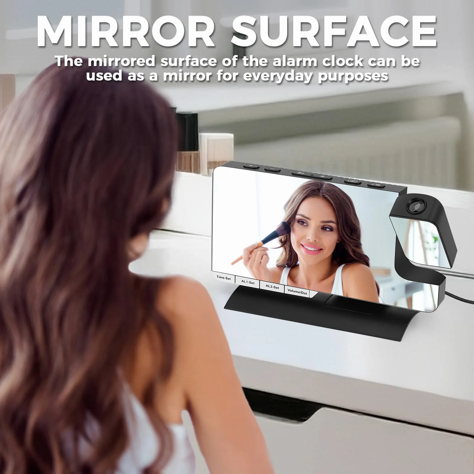 Réveil Projection Plafond Horloge Numérique LED avec Recharge USB, Surface Miroir, Snooze, Rotation 180°, Mode Inversé, Réglage Luminosité 12H/24H