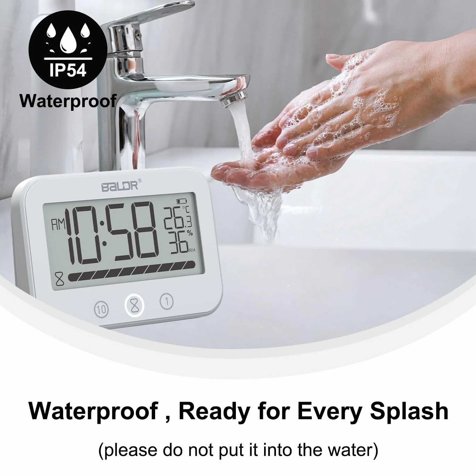 Horloge de salle de bain numérique étanche IP54 avec température, humidité, compte à rebours 99 min et alarme
