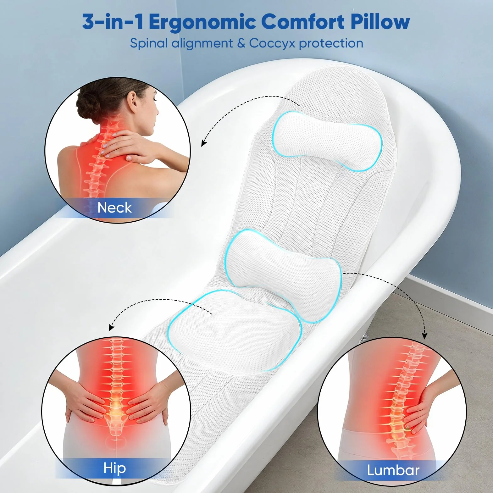 Coussin de bain complet avec repose-nuque et sac de rangement, tapis de bain 5D respirant, blanc