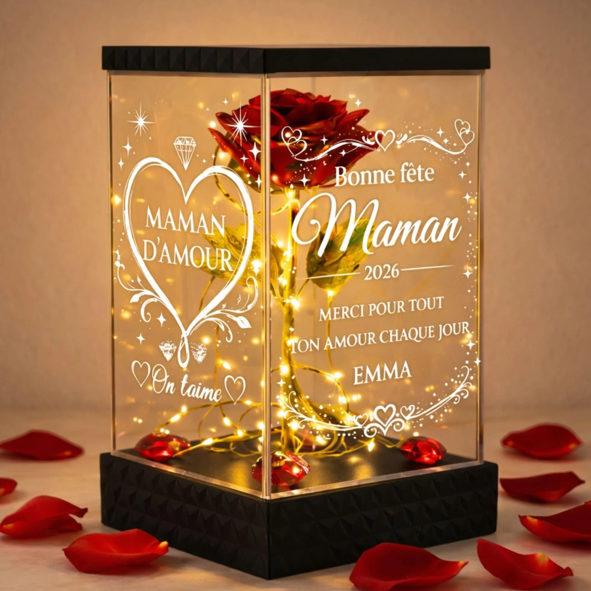 Rose Lumineuse Personnalisée Maman - Cadeau Fête des Mères Original, Lanterne LED 4 Faces Gravées, Rose Rouge Dorée avec Prénom