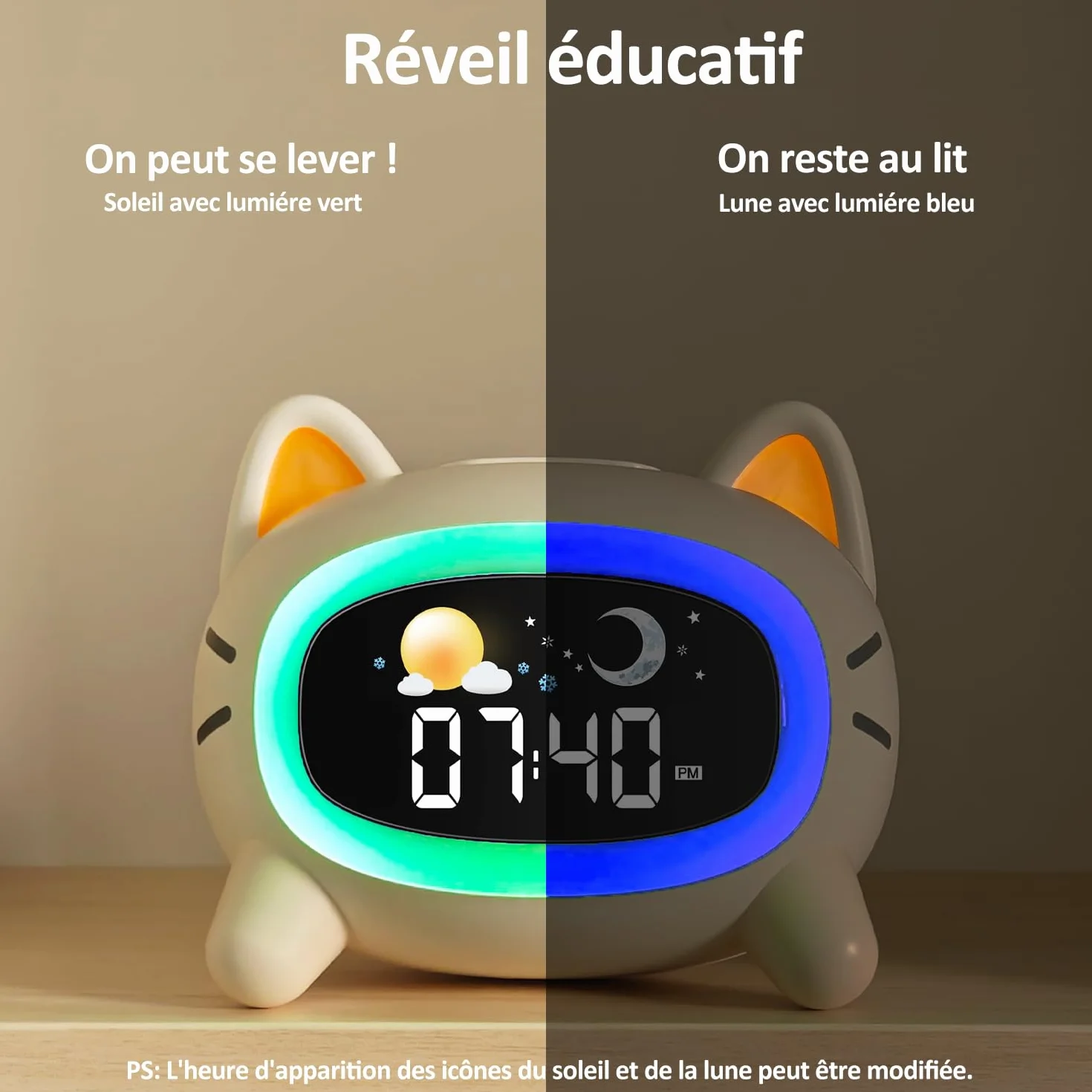 Réveil Enfant éducatif Jour/Nuit avec 2 Réveils Alarmes - Mode Weed-End - Veilleuse - Son de Sommeil - Rechargeable