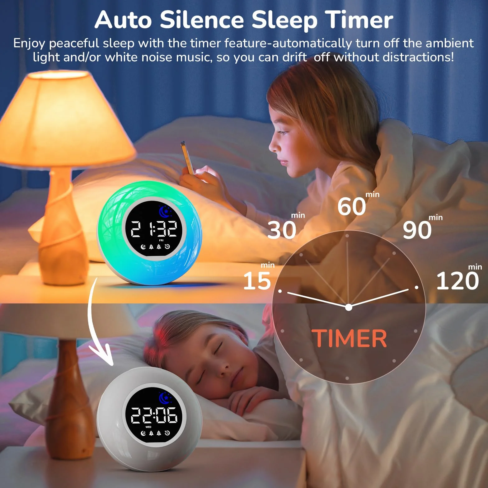 Réveil Enfant Lumineux LED RGB avec Veilleuse, Double Alarme, Minuteur, 12/24H, Adaptateur Inclus