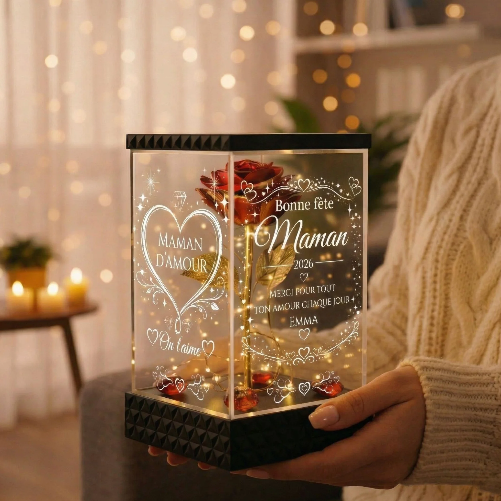 Rose Lumineuse Personnalisée Maman - Cadeau Fête des Mères Original, Lanterne LED 4 Faces Gravées, Rose Rouge Dorée avec Prénom