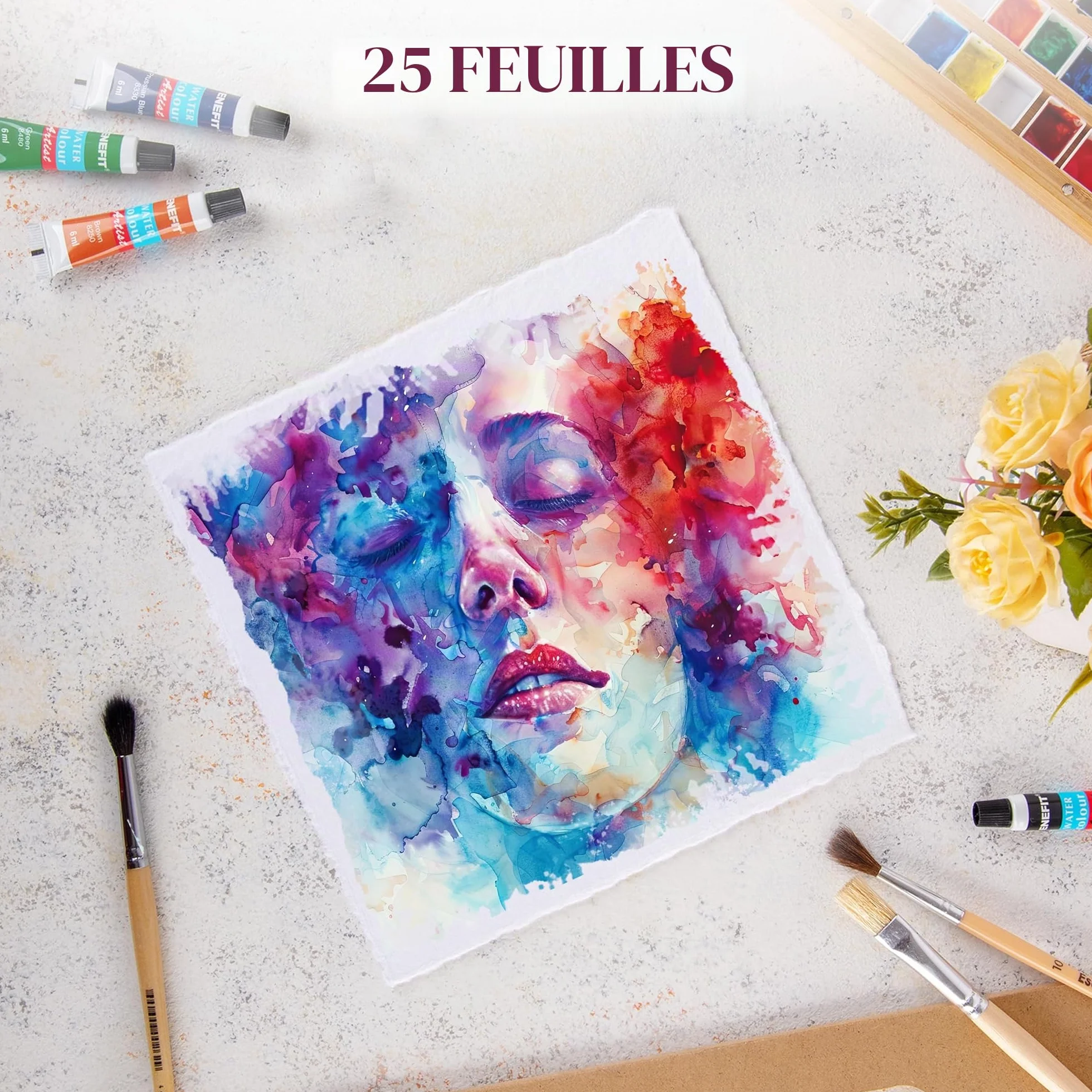 Papier Aquarelle Fait Main Premium Blanc Pressé à Froid 300gsm 20 x 20 cm 25 Feuilles Coton Recyclé