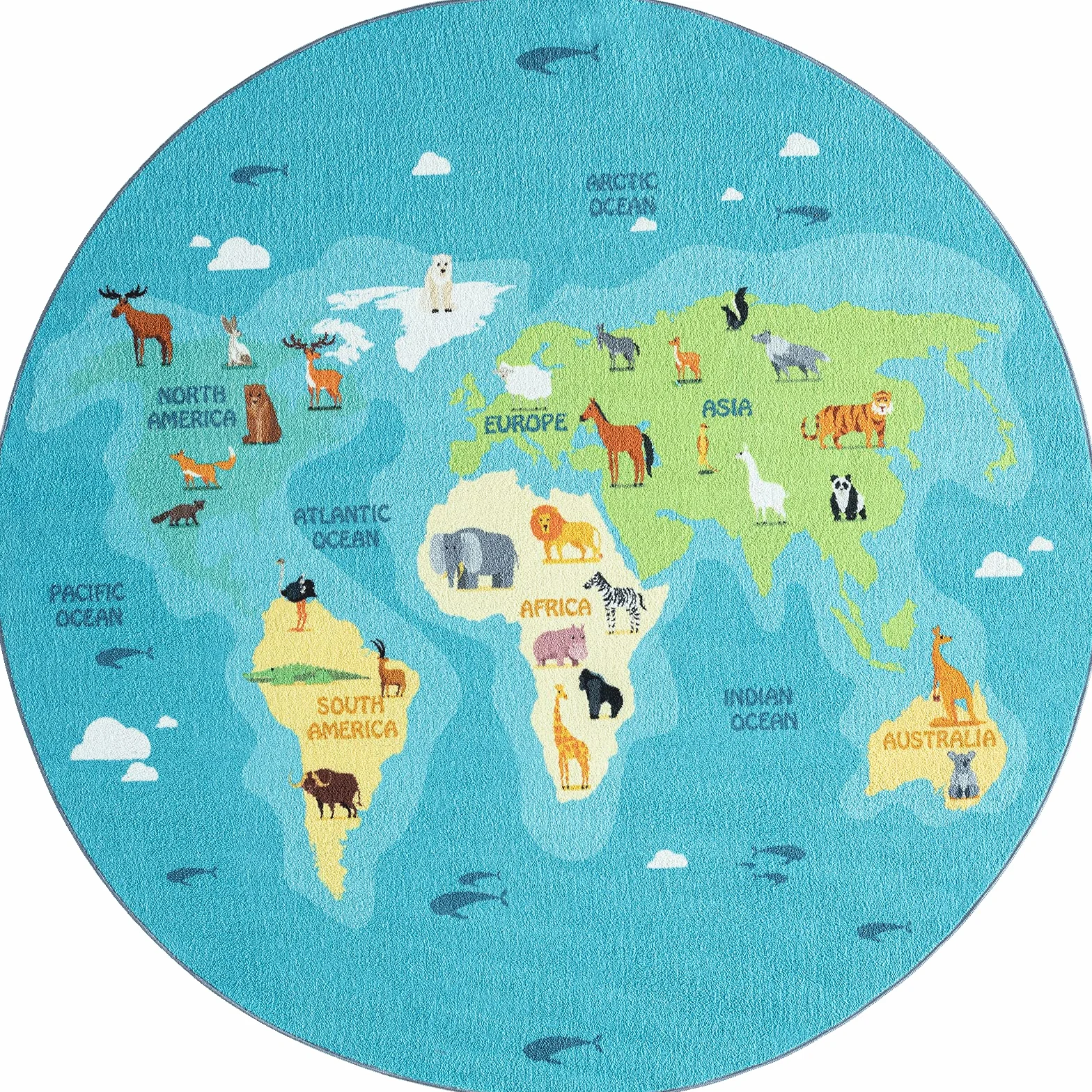 Happy Life Tapis de Jeu Lavable 80 x 150 cm Motif Carte du Monde Animaux Bleu