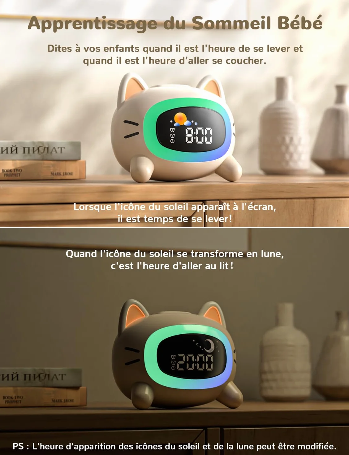 LIORQUE Réveil Enfant Éducatif Jour/Nuit avec Veilleuse, Machine Sonore, Deux Alarmes, Mode Week-End, Rechargeable Chat