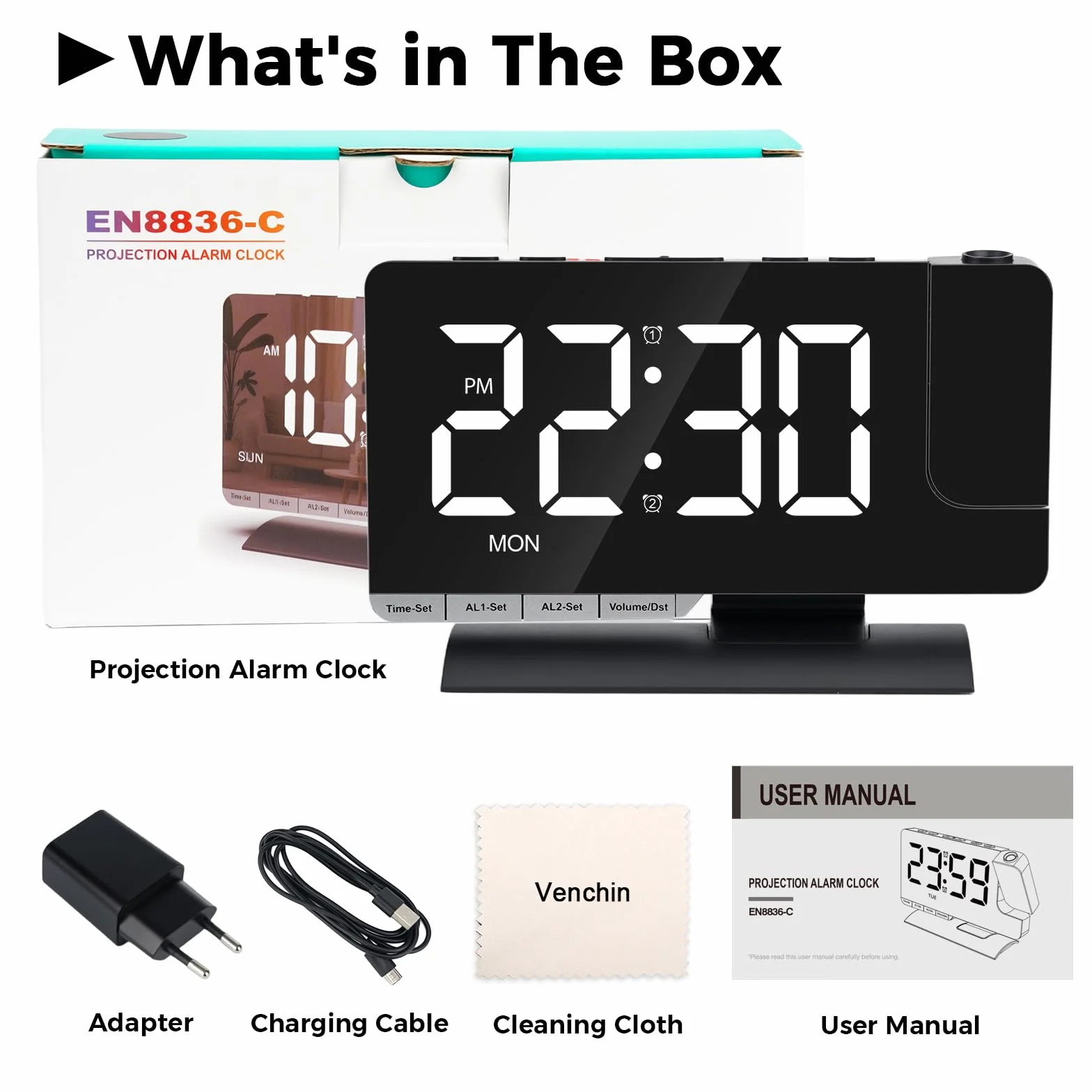 Réveil Projection Plafond Horloge Numérique LED avec Recharge USB, Surface Miroir, Snooze, Rotation 180°, Mode Inversé, Réglage Luminosité 12H/24H