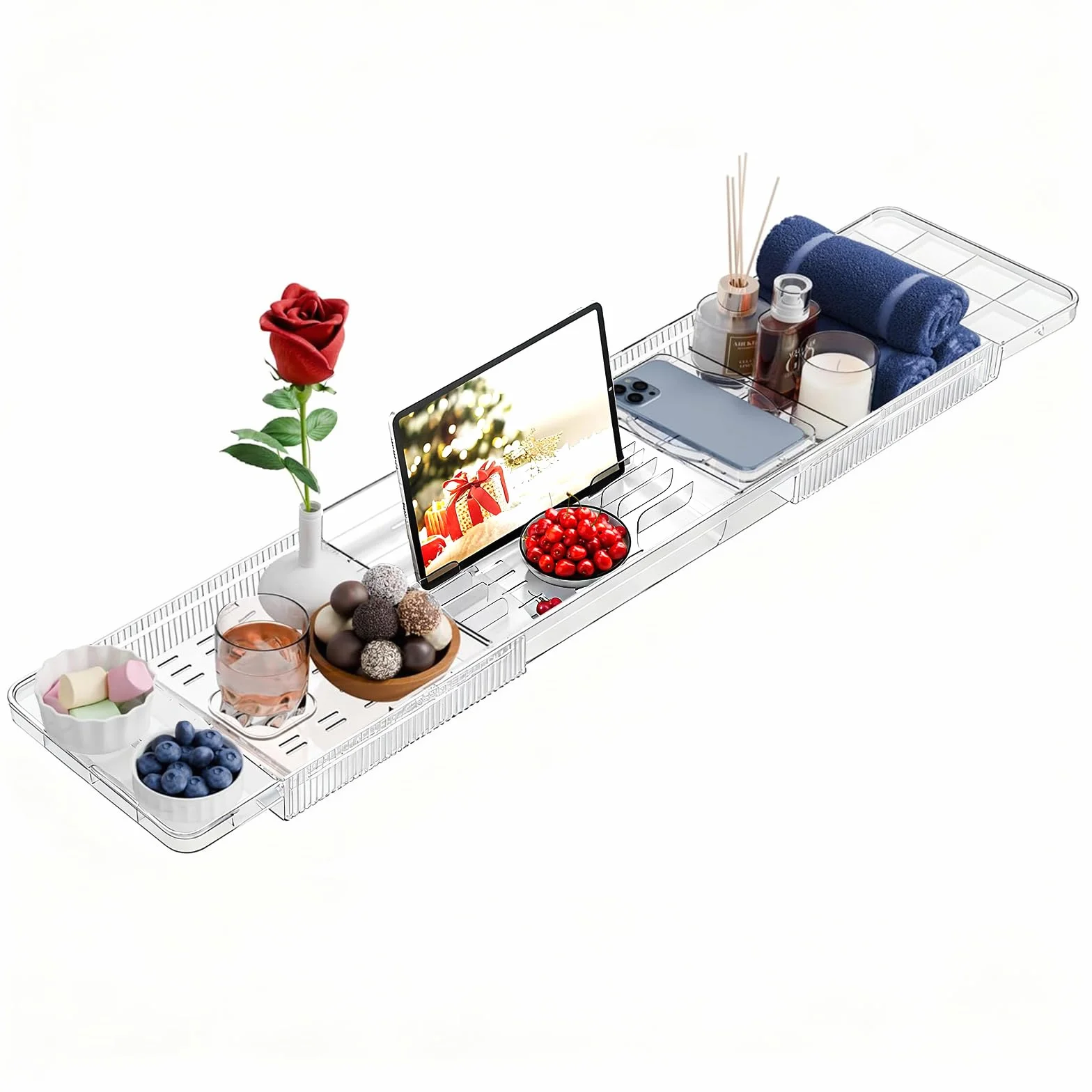 Plateau Baignoire Extensible en Acrylique pour Ipad, Téléphone, Verre, Bougie, Accessoires de Bain Transparent