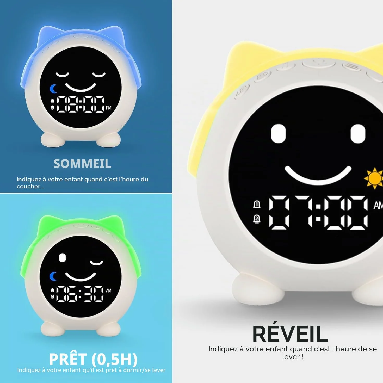 Réveil Enfant Chat Éducatif Jour/Nuit avec Veilleuse Sons Apaisants 2 Alarmes Mode Week-End Rechargeable