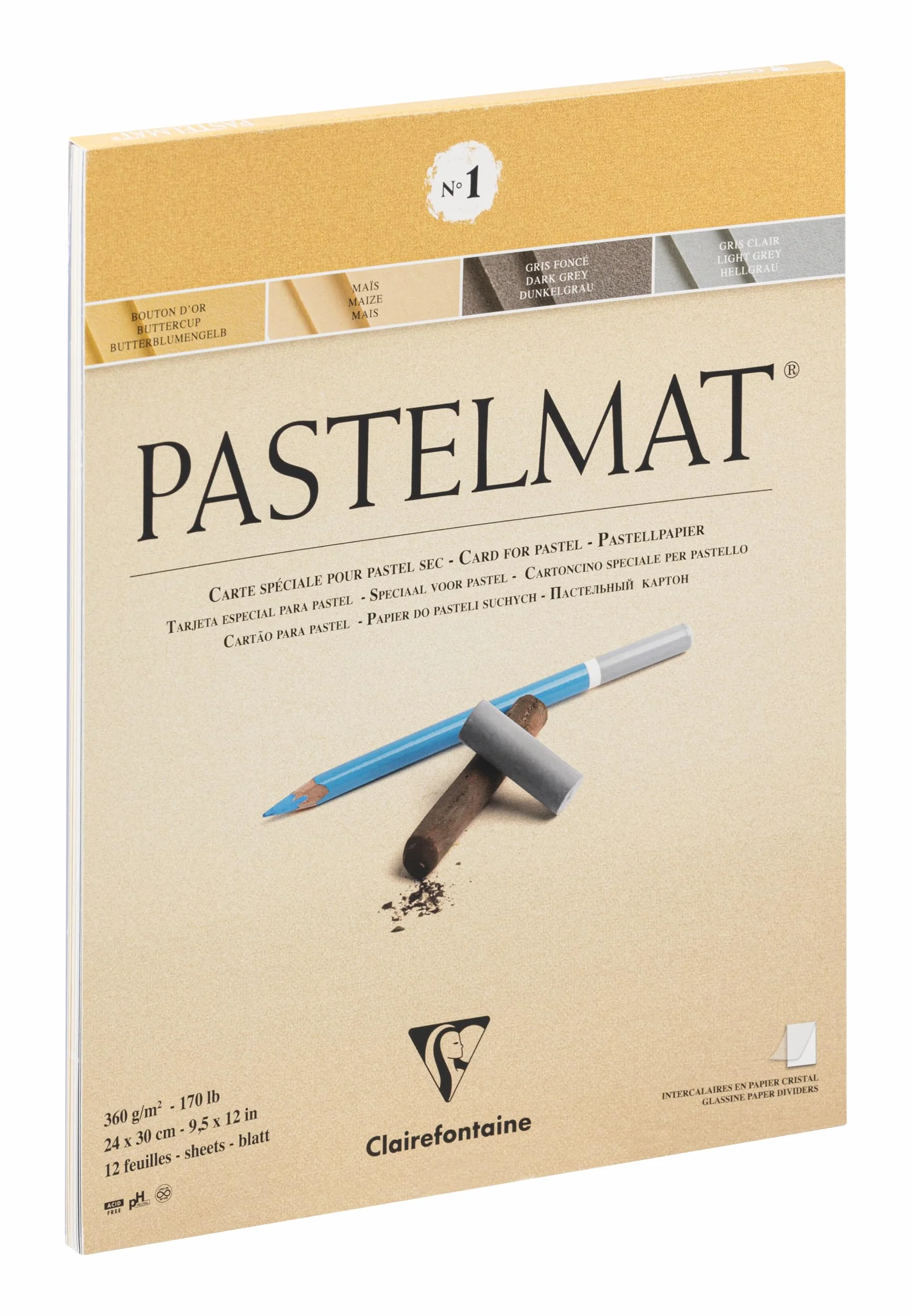 Clairefontaine Pastelmat Bloc Collé 24x30 cm 360g 12 Feuilles Carte Spéciale pour Pastels Secs 4 Couleurs Assorties