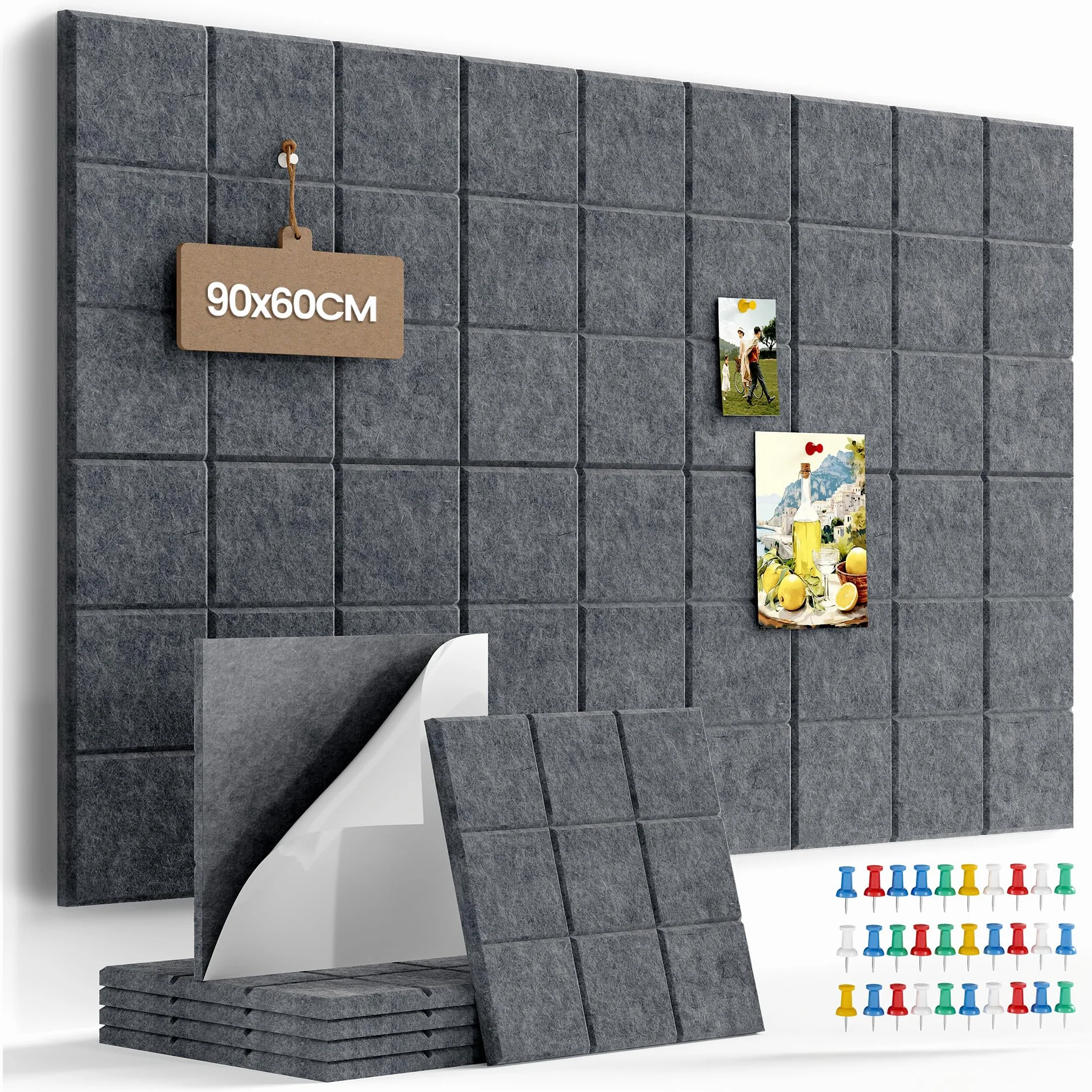 Tableau en Feutre Adhésif Mural 30x30 cm 6 Panneaux Gris Foncé avec 30 Punaises