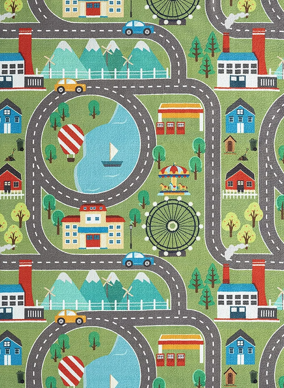 Tapis de Jeu Lavable Vert 80 x 150 cm Motif Rue Ville Voitures Happy Life