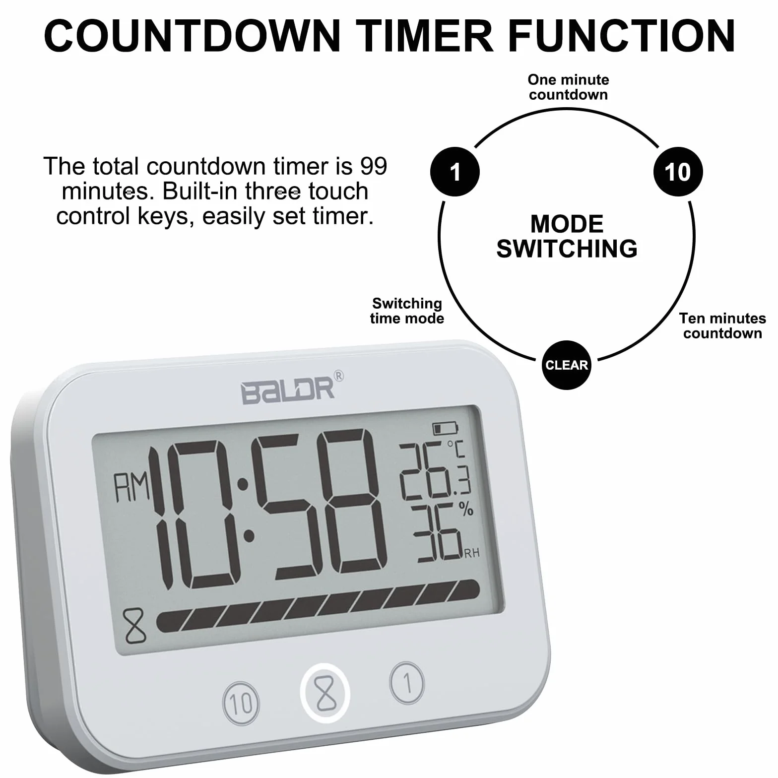 Horloge de salle de bain numérique étanche IP54 avec température, humidité, compte à rebours 99 min et alarme