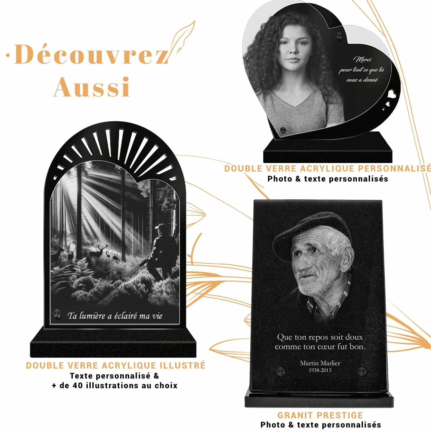 ETERNEL Plaque Funéraire Personnalisée Multisupports Colombe Ardoise Granit Photo Texte au Choix Cimetière