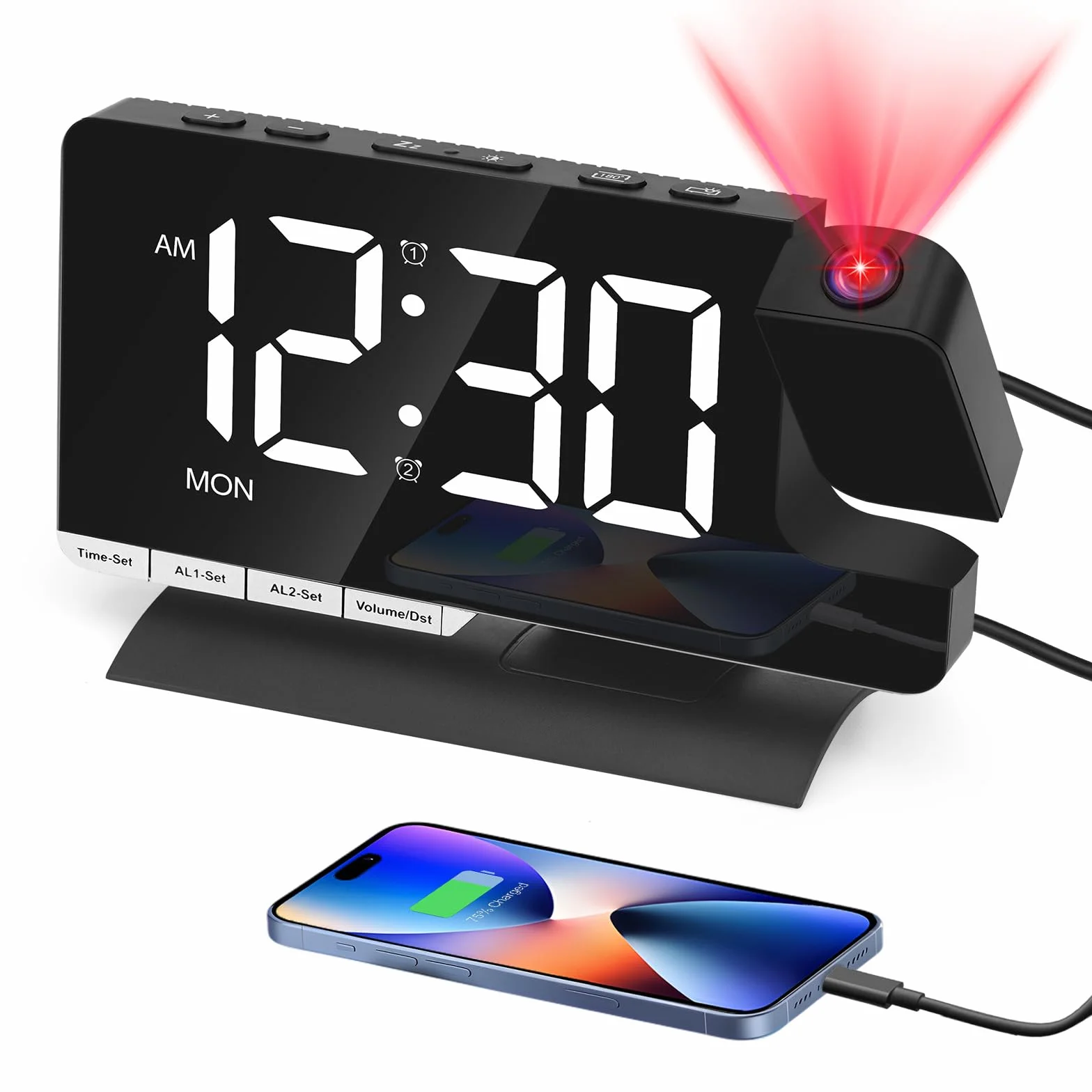 Réveil Projection Plafond Horloge Numérique LED avec Recharge USB, Surface Miroir, Snooze, Rotation 180°, Mode Inversé, Réglage Luminosité 12H/24H
