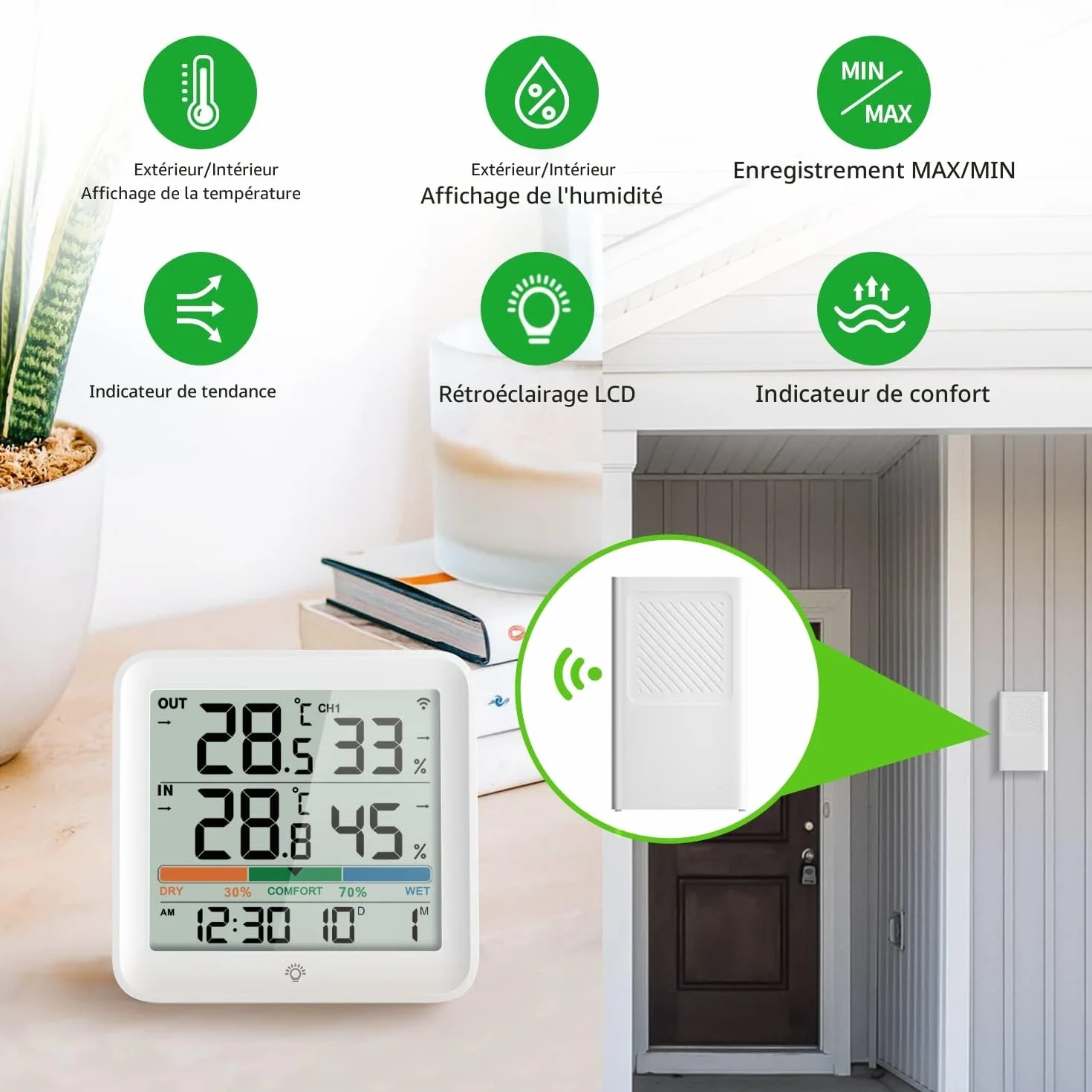 VOCOO thermomètre intérieur extérieur sans fil hygromètre numérique LCD température humidité avec capteur mémoire Min/Max ℃/℉ indicateur confort air rétroéclairage