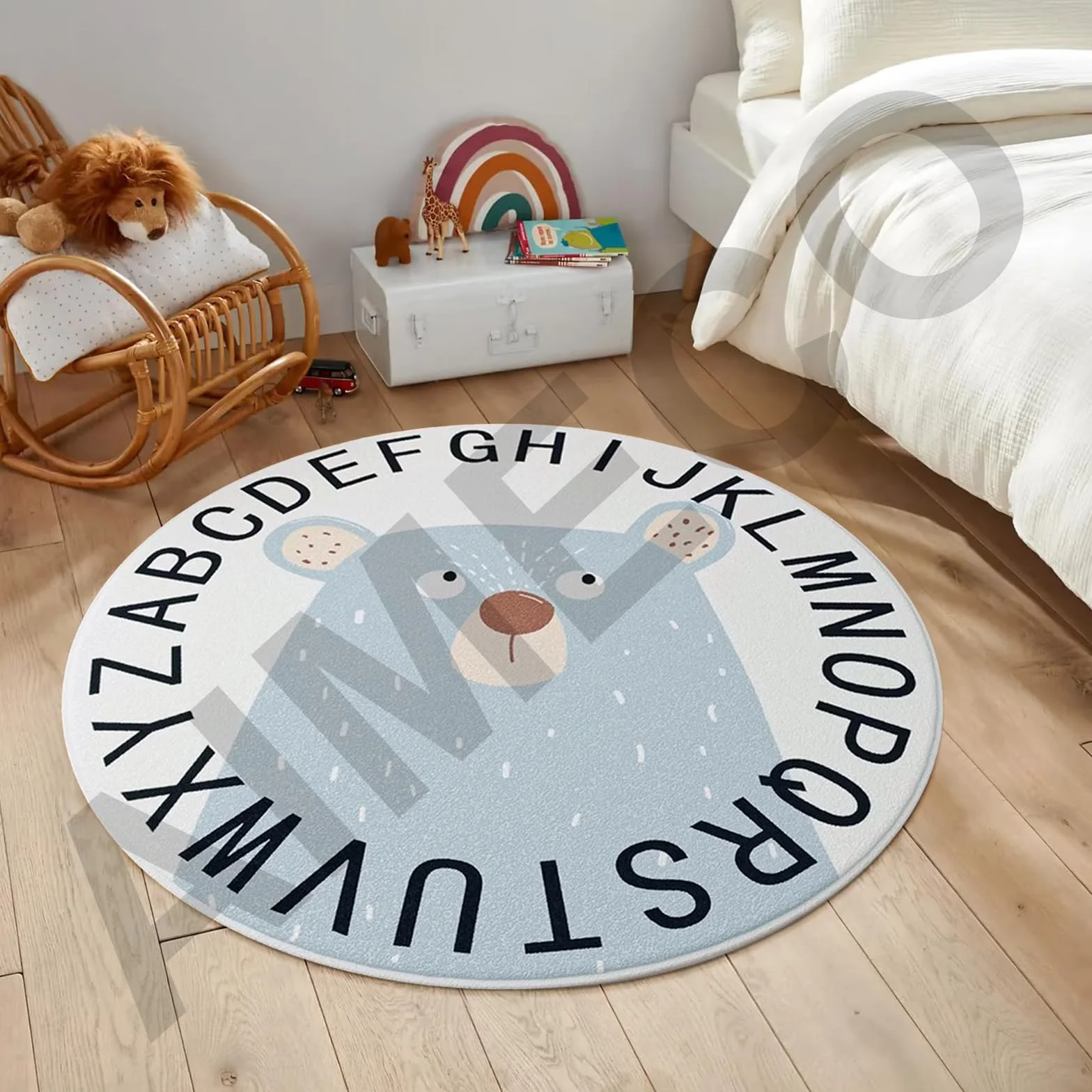 Tapis pour enfant rond 100 cm motif bleu ours antidérapant chambre d'enfant