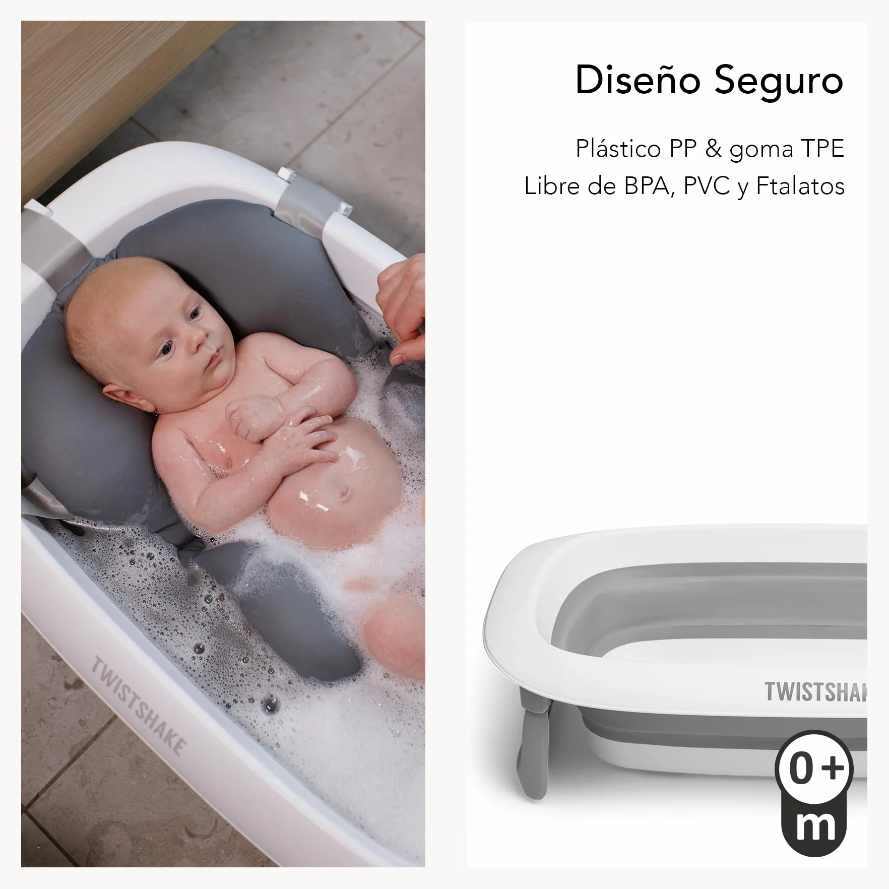 Twistshake Coussin de Bain Antidérapant pour Nouveau-né Gris | Coussin Doux et Pliable 0 Mois+