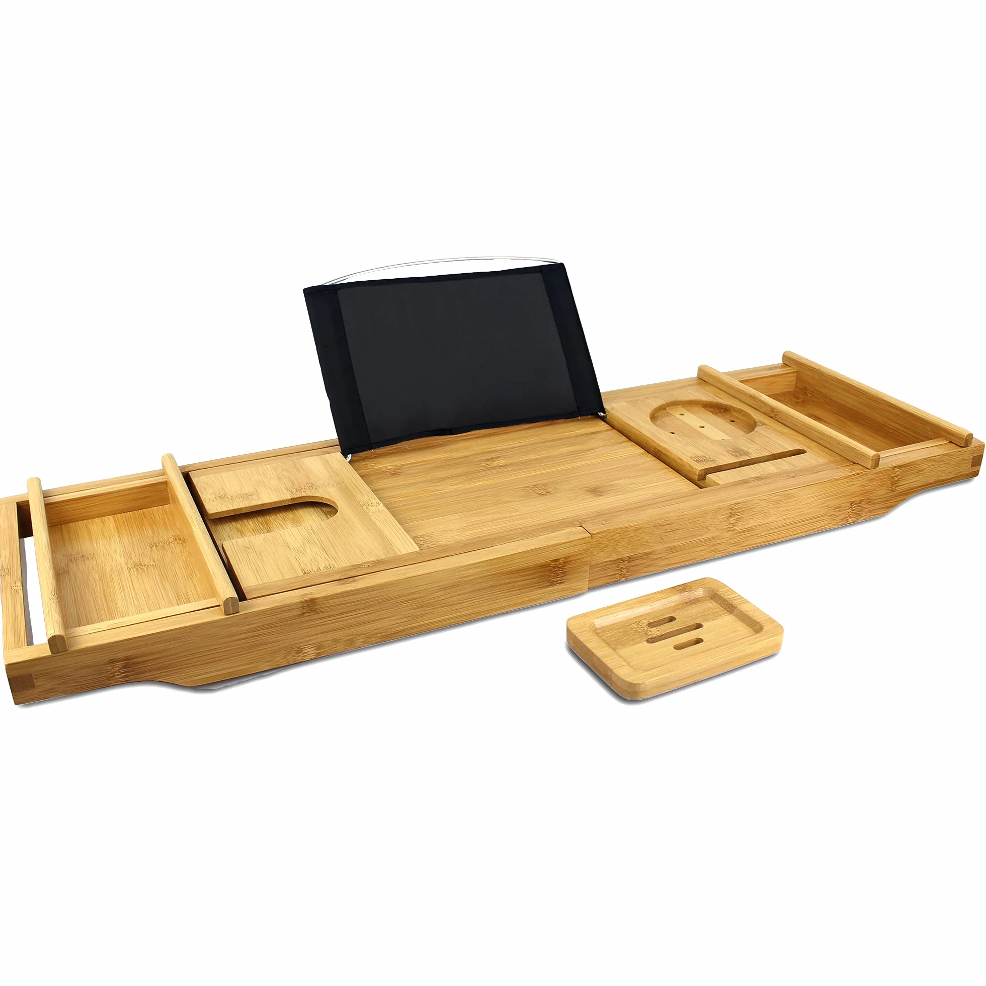 Todeco Pont de Baignoire Extensible Bambou, Plateau Planche avec Porte-Livre, Porte-Verre, Porte-Bougie et Support pour Téléphone, Noir