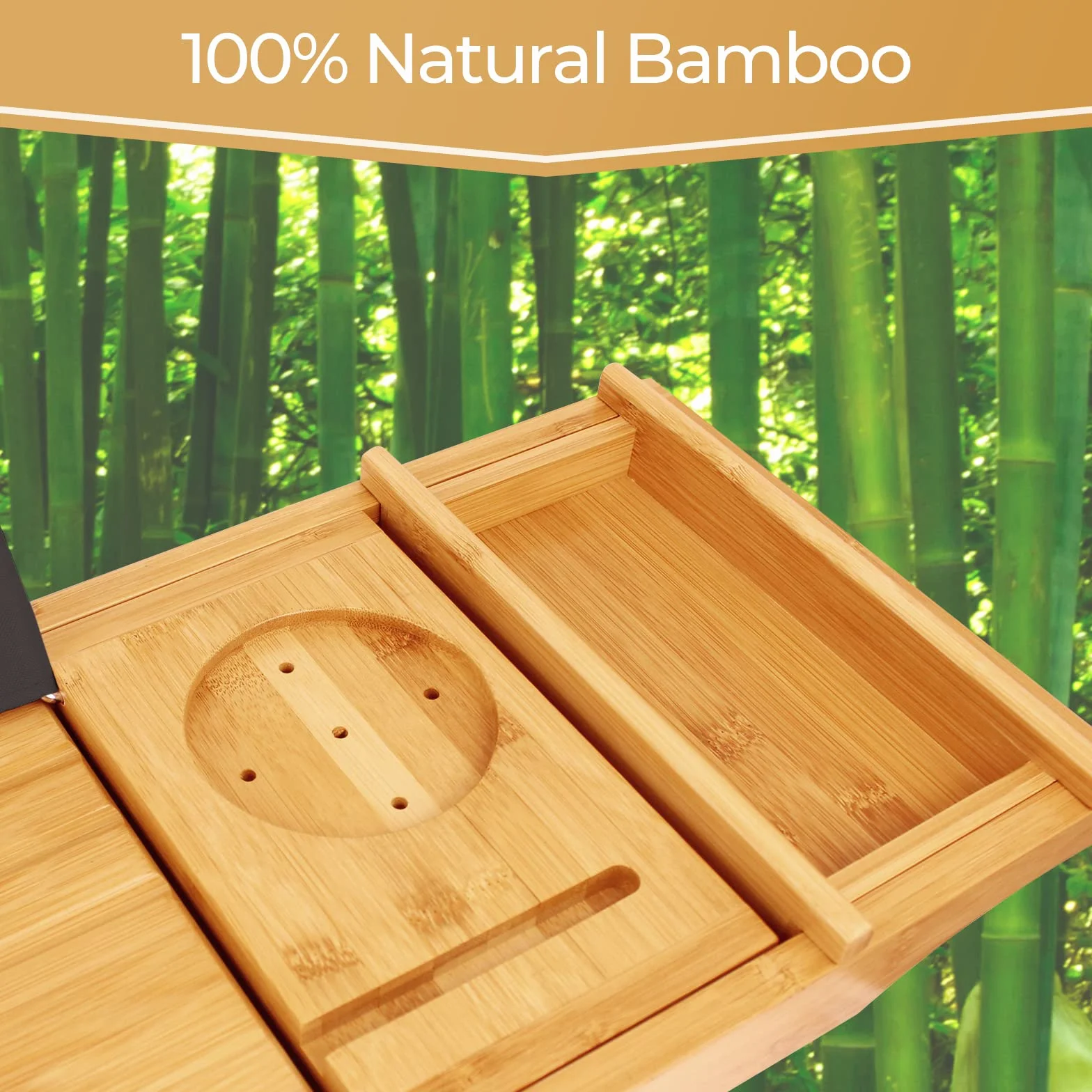 Todeco Pont de Baignoire Extensible Bambou, Plateau Planche avec Porte-Livre, Porte-Verre, Porte-Bougie et Support pour Téléphone, Noir