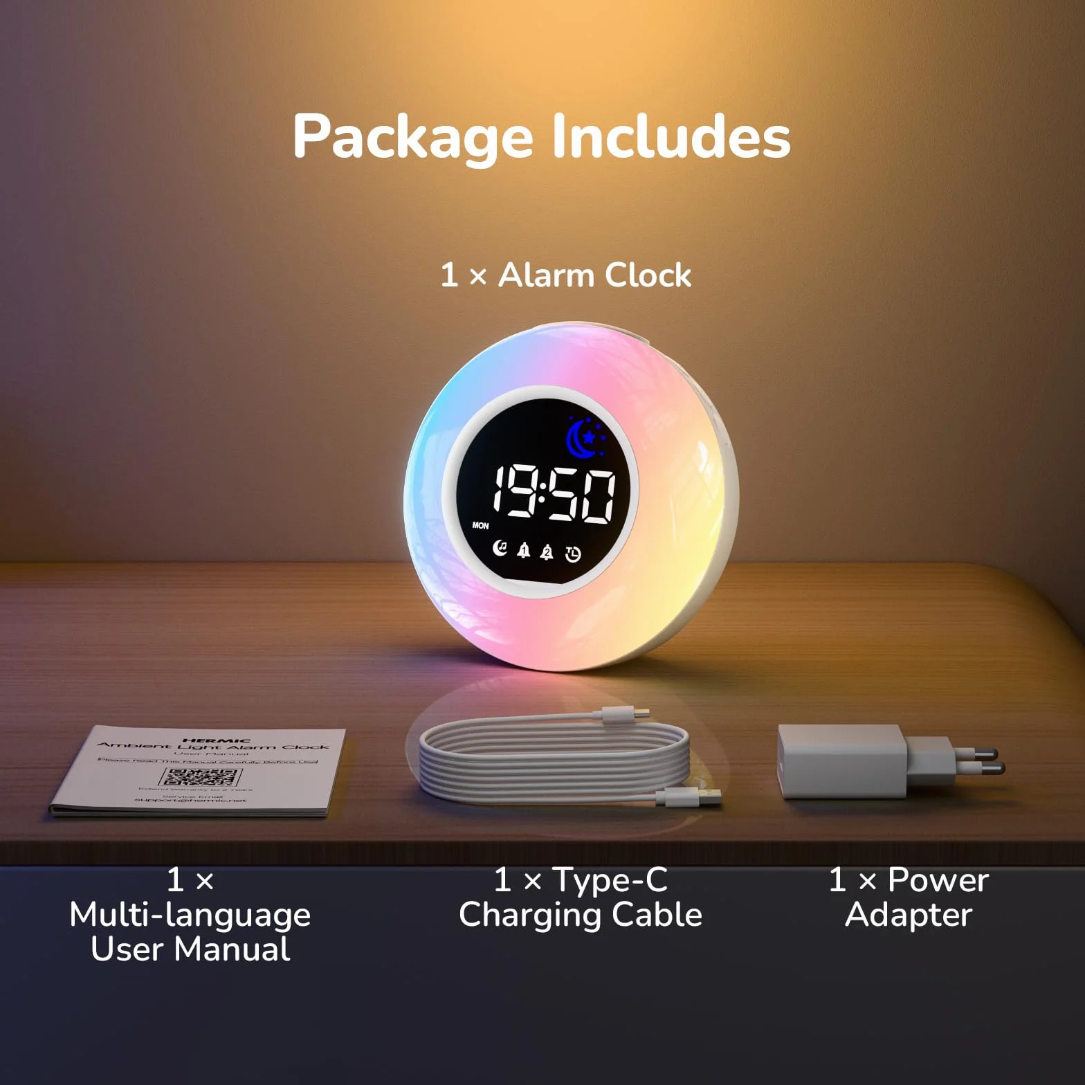 Réveil Enfant Lumineux LED RGB avec Veilleuse, Double Alarme, Minuteur, 12/24H, Adaptateur Inclus